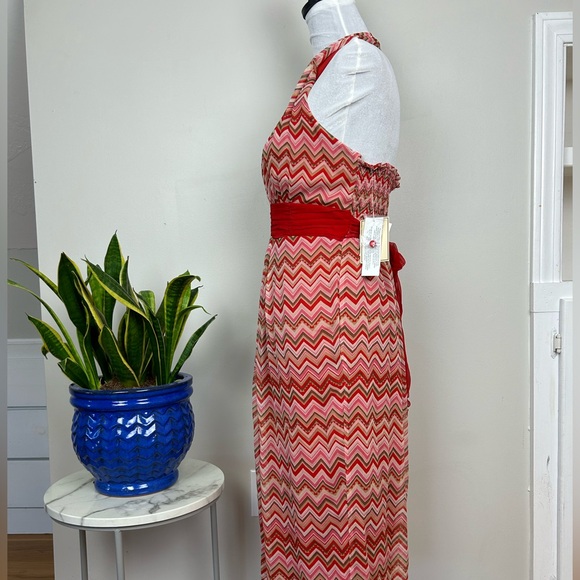 NWT! Sleeveless Silk Halter Dress Red Pink Chevron Print - Picture 7 of 11